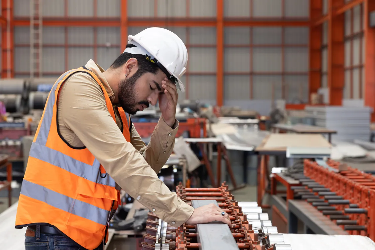 Un ingeniero cansado tomándose la cabeza al no tener el descanso adecuado 
