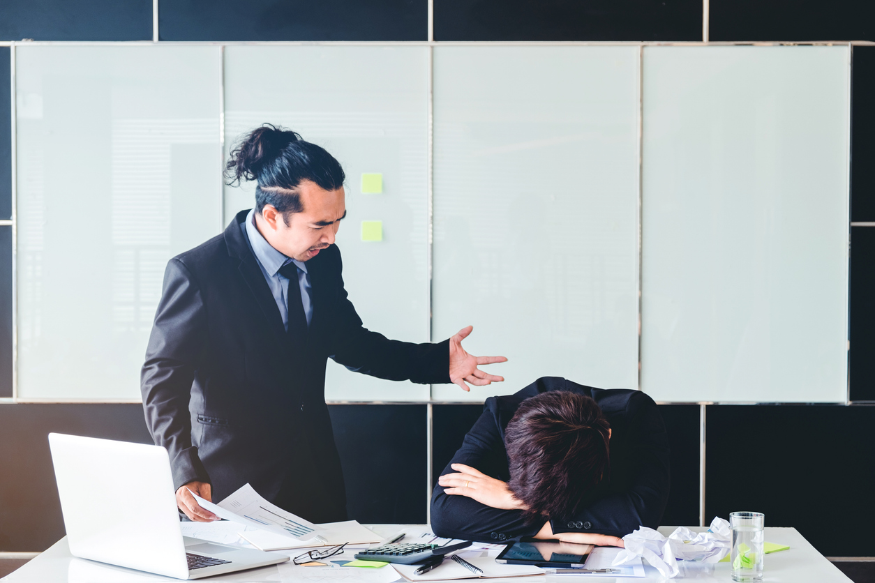 Asian Bad angry boss yelling at business man sad depressed employee reprimand from team leader missed deadline 