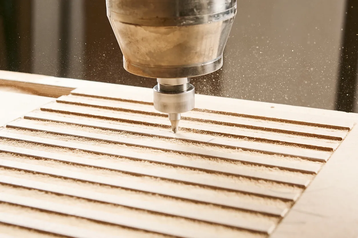 Máquina cnc en taller de carpintería. Corte de madera con varias brocas de router.