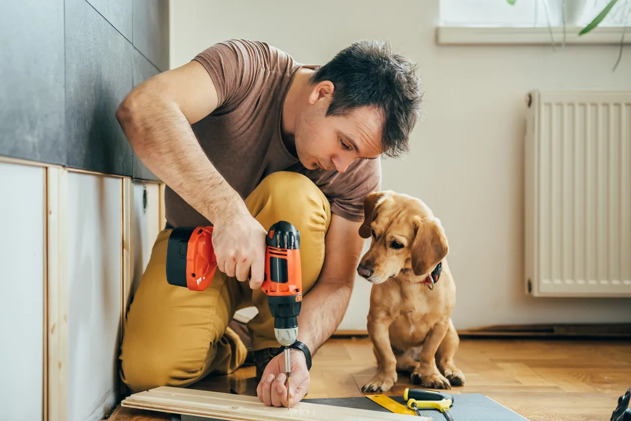 Hombre y su perro haciendo renovación trabajan en casa