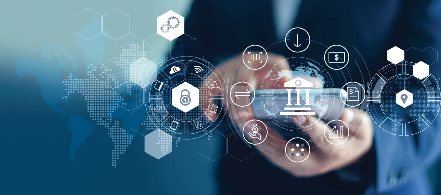 Empresario utilizando banca y pagos en línea móviles, marketing digital. Red financiera y bancaria