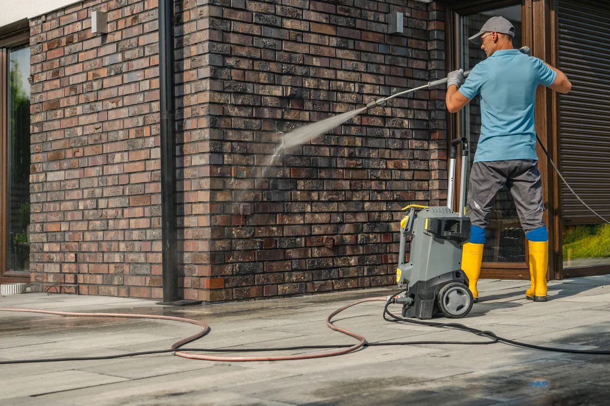 Hombre usando lavadora a presión para limpiar la pared de ladrillos de una casa moderna durante el día