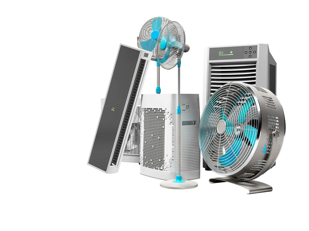 ventiladores azules, aires acondicionados y aires acondicionados portátiles para enfriamiento de aire