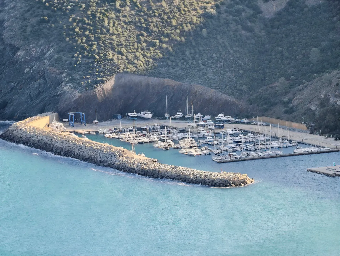Marina tranquila con actividad vibrante, aguas turquesas reflectantes rodean el bullicioso puerto del litoral 