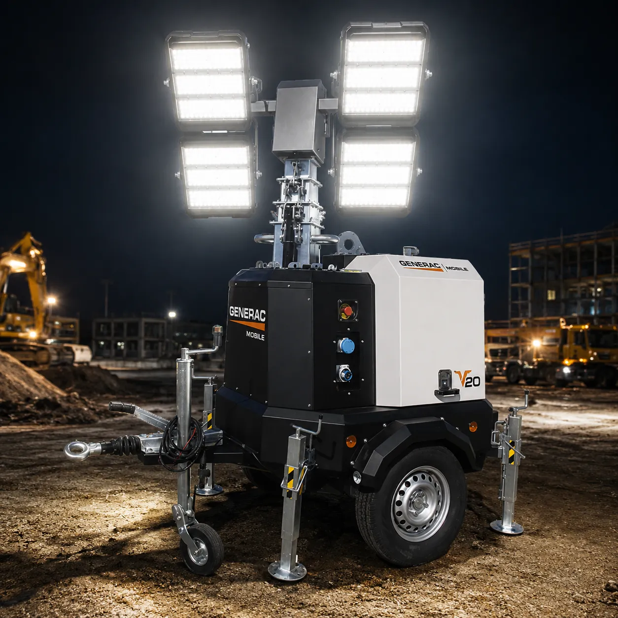 torre de iluminación generac vista frontal en fondo de construcción