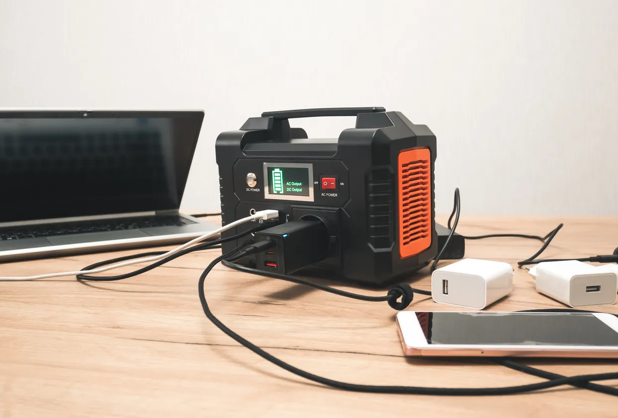 La estación de energía portátil de litio está cargando teléfonos inteligentes portátiles