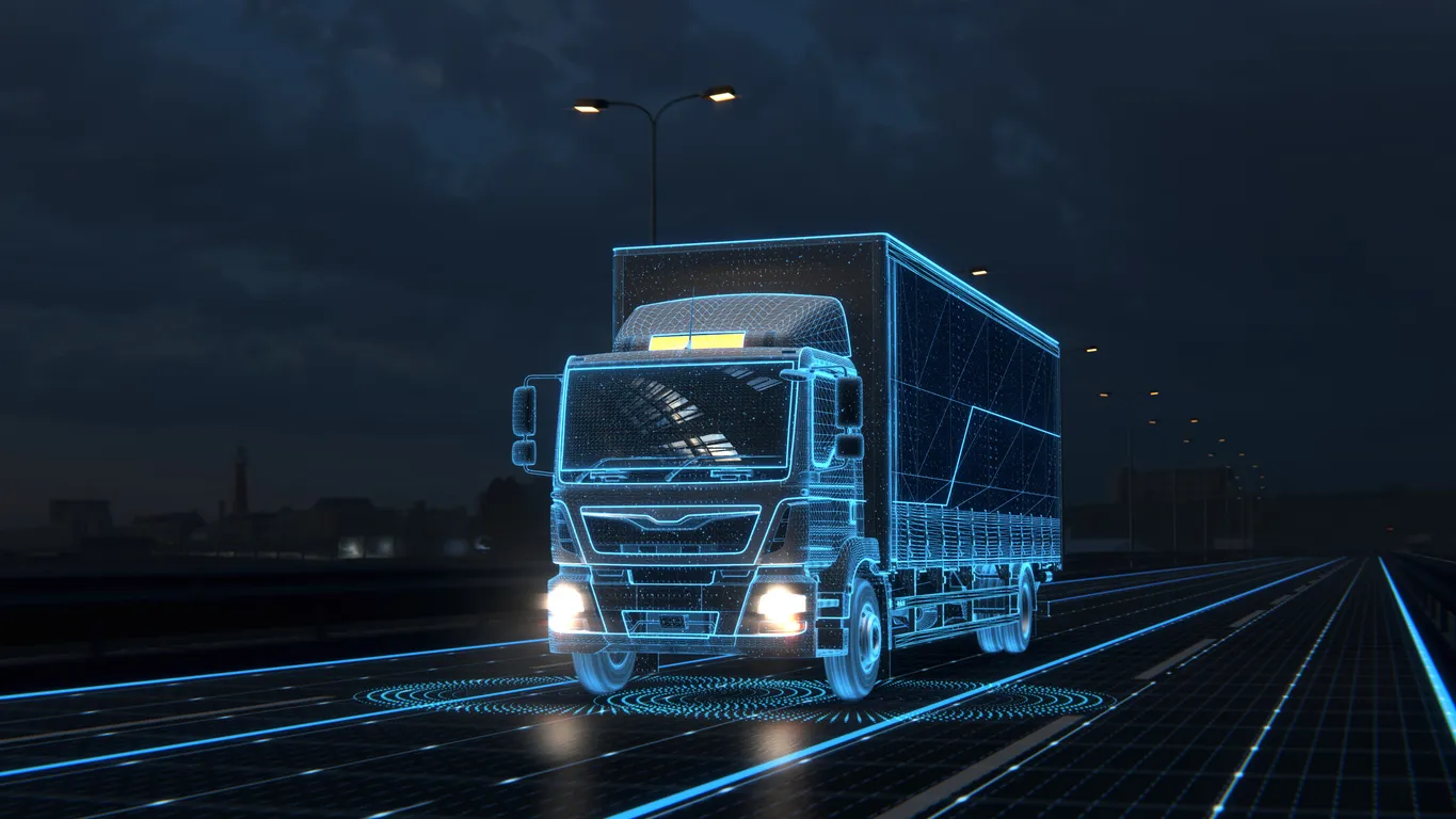 Un semirremolque europeo futurista y autónomo con remolque de carga circula de noche por carretera con sensores que escanean 