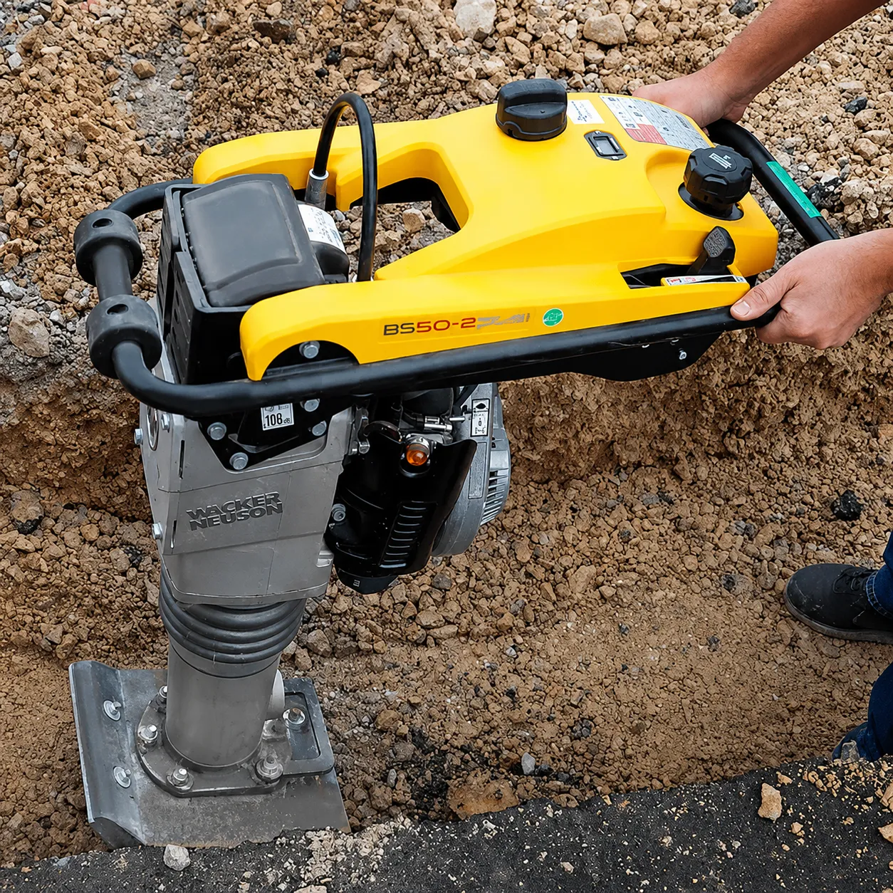 apisonadora en tierra siendo utilizada por trabajadora 