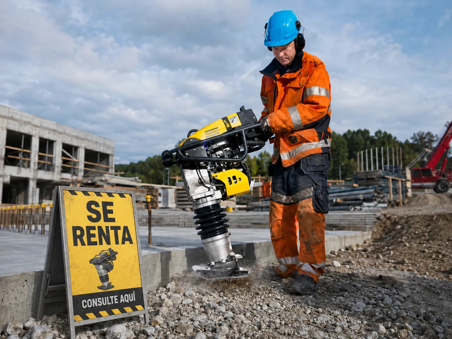 Trabajador de construcción usando compactador de tierra y compactación del suelo con un cartel de se renta refirinedose 