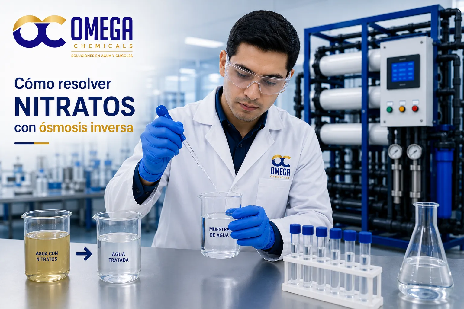 Laboratorista de Omega Chemicals analizando nitratos en agua para optimizar su remoción mediante ósmosis inversa 