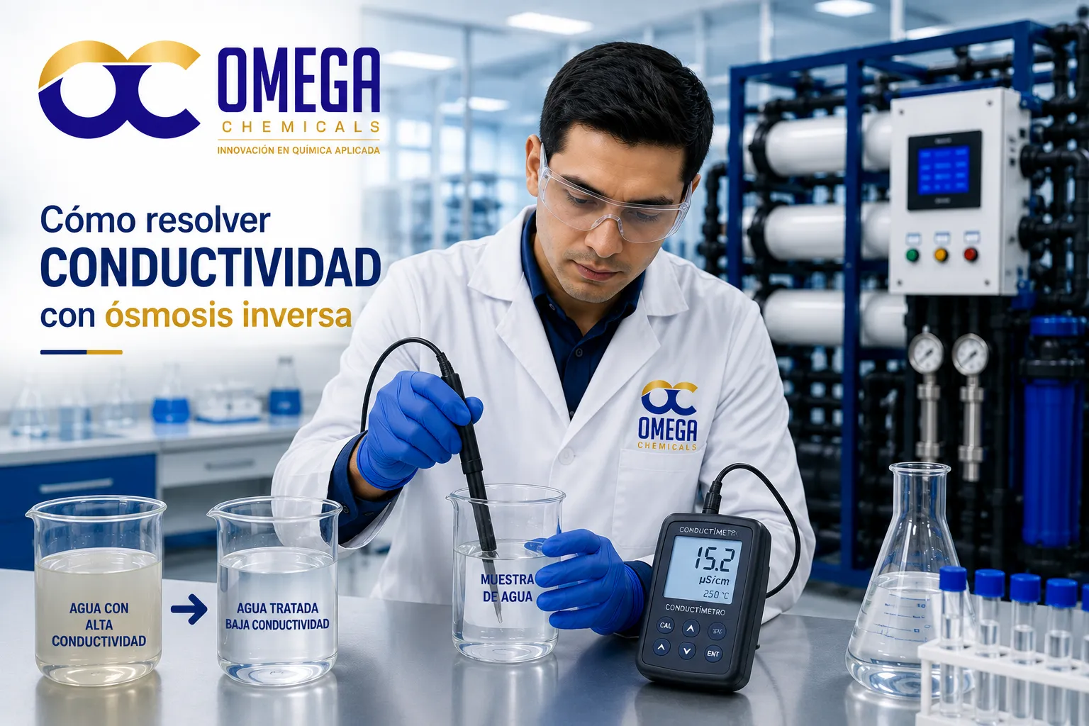 Laboratorista de Omega Chemicals midiendo conductividad en agua para reducir sales disueltas mediante ósmosis inversa.