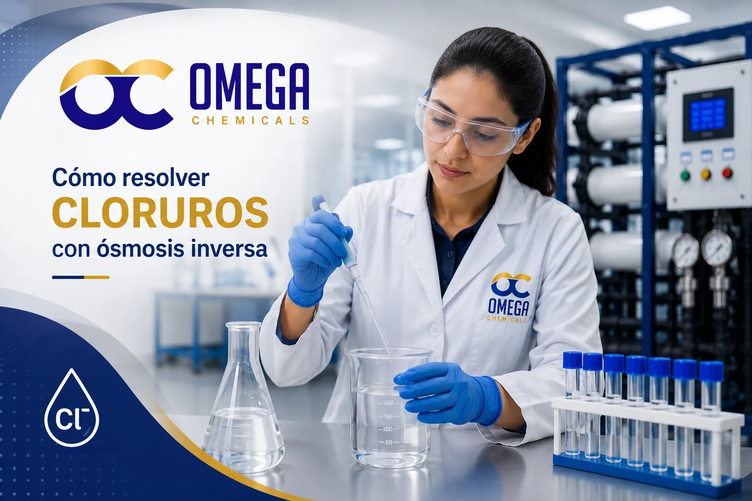Laboratorista de Omega Chemicals analizando cloruros en agua para optimizar su remoción mediante ósmosis inversa 
