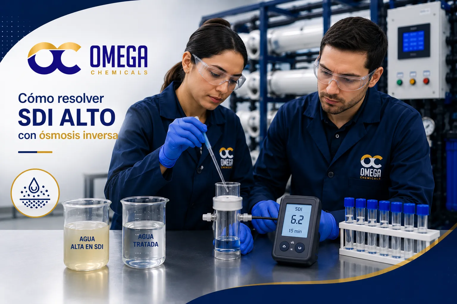 Especialistas de Omega Chemicals evaluando SDI alto en agua para optimizar el pretratamiento y proteger 