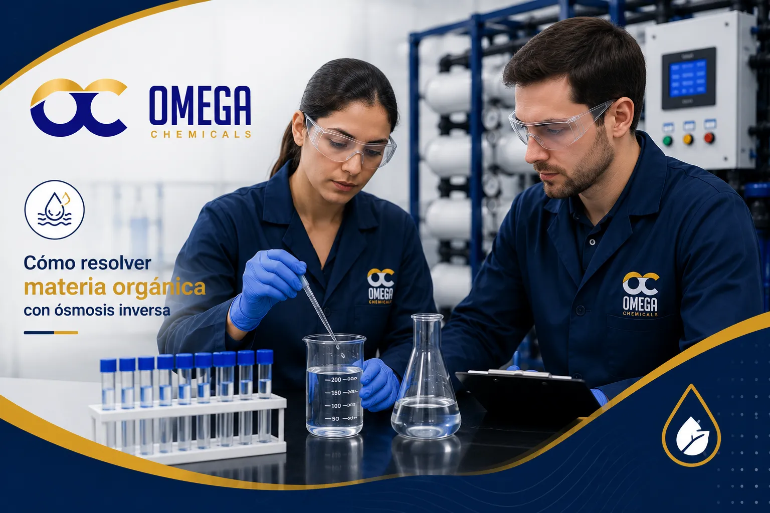 Especialistas de Omega Chemicals analizando materia orgánica en agua para optimizar su remoción mediante ósmosis inversa 