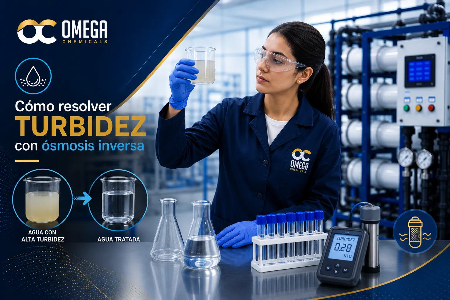 Especialista de Omega Chemicals evaluando la turbidez del agua para optimizar su reducción mediante ósmosis inversa y protege