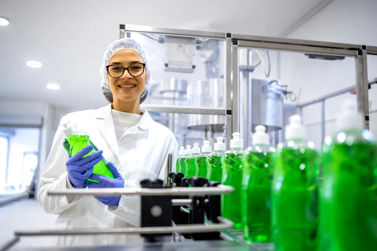 Retrato de una tecnóloga dentro de una fábrica de productos químicos de limpieza sosteniendo detergente