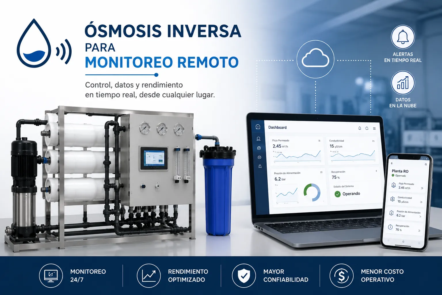 Industrial reverse osmosis system with remote monitoring for real-time performance, alerts, and high-purity process water.