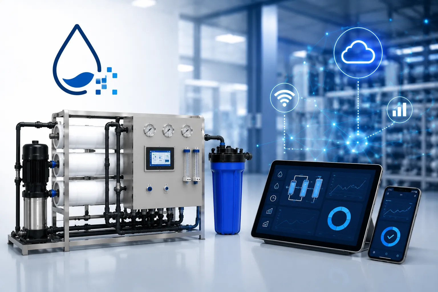 Industrial reverse osmosis system with digital monitoring, real-time data visualization, and smart process management.