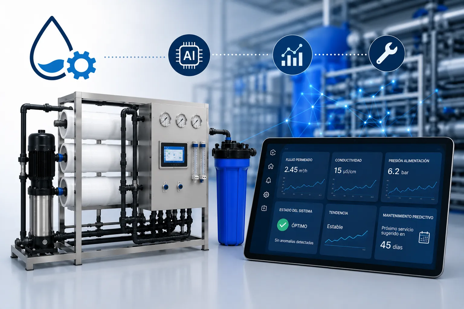 Industrial reverse osmosis system with predictive maintenance, real-time diagnostics, and smart performance monitoring.