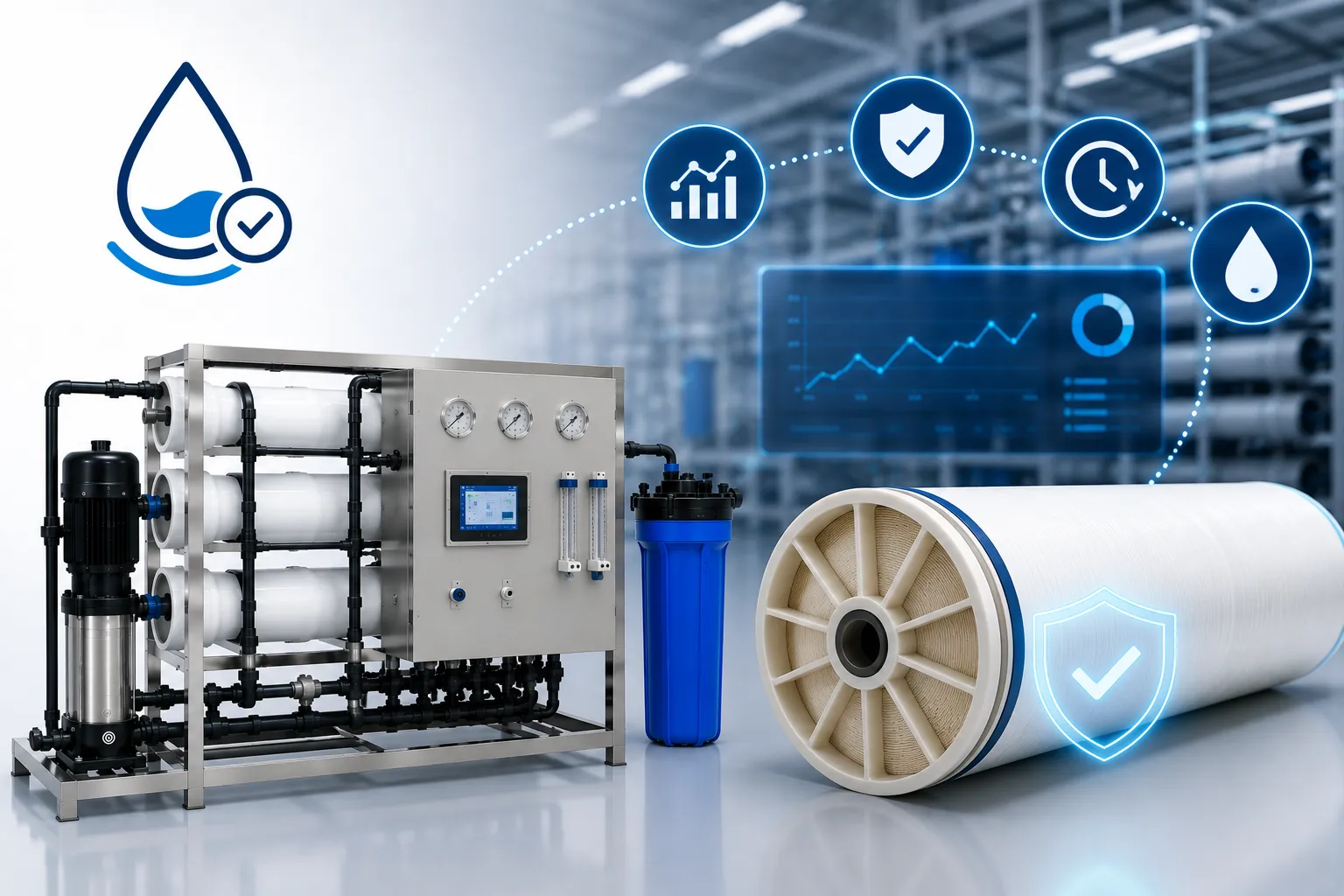 Industrial reverse osmosis system designed to extend membrane life through optimized operation and advanced water treatment.