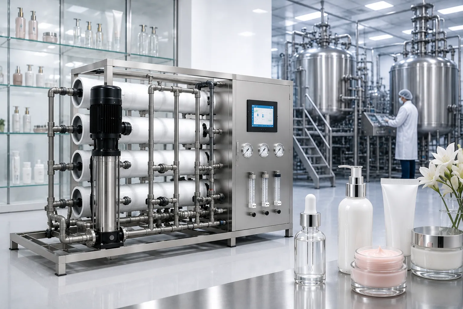 Industrial reverse osmosis system for cosmetic manufacturing providing high-purity water for formulation, production, and qua