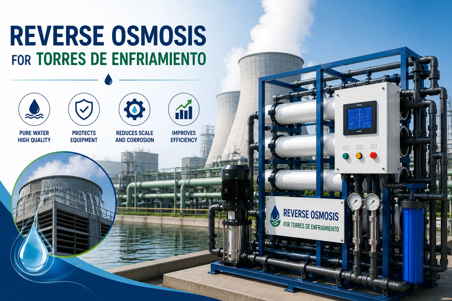 Industrial reverse osmosis system for cooling towers delivering high-purity water to reduce scaling, corrosion, and optimize 