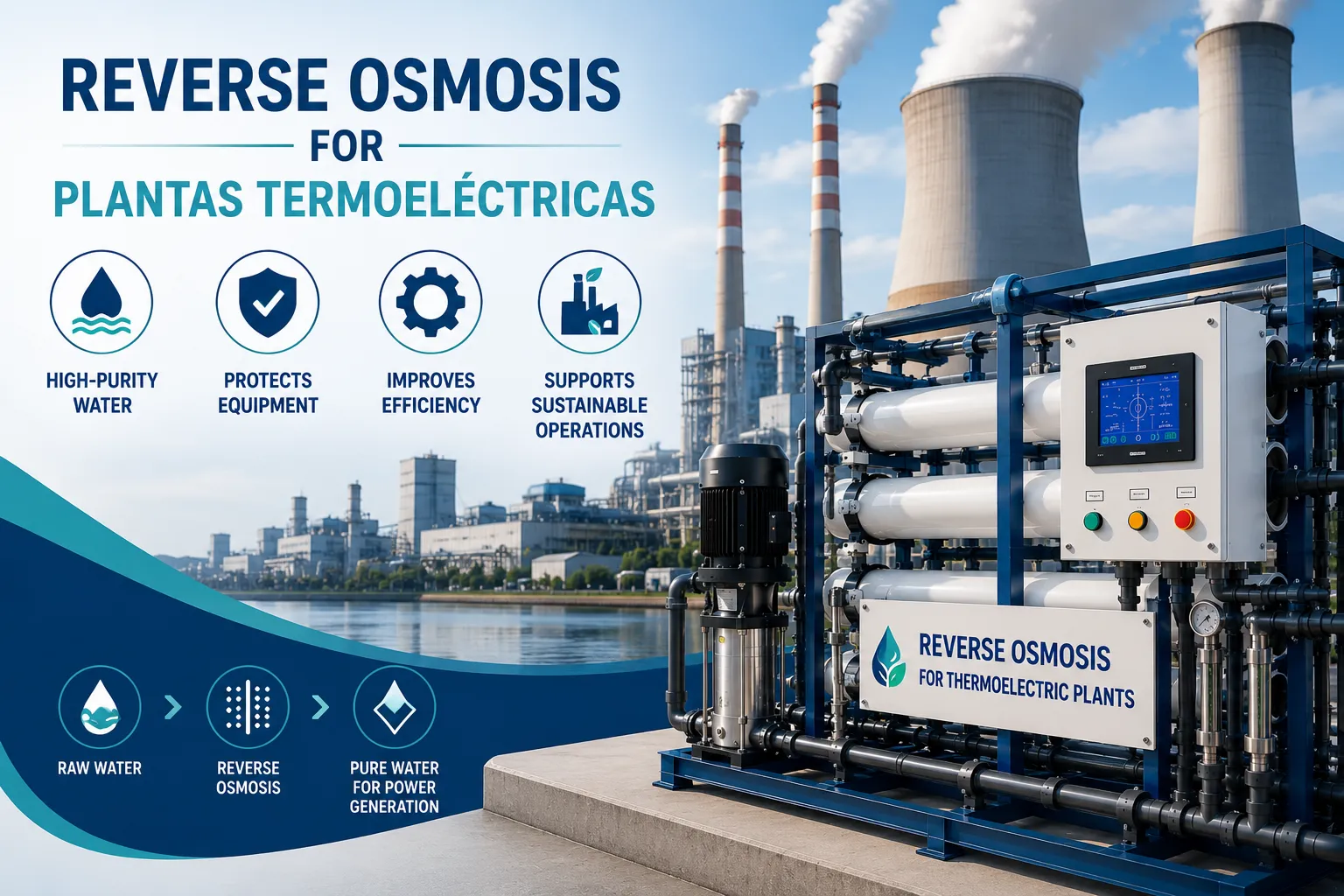 Industrial reverse osmosis system for thermoelectric power plants producing high-purity water to protect boilers, turbines et