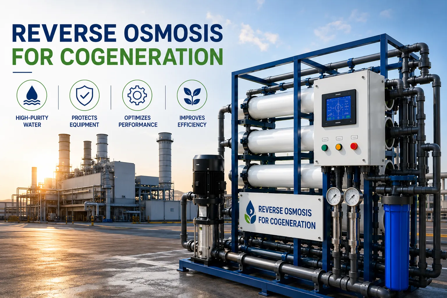 Industrial reverse osmosis system for cogeneration providing high-purity process water to protect equipment
