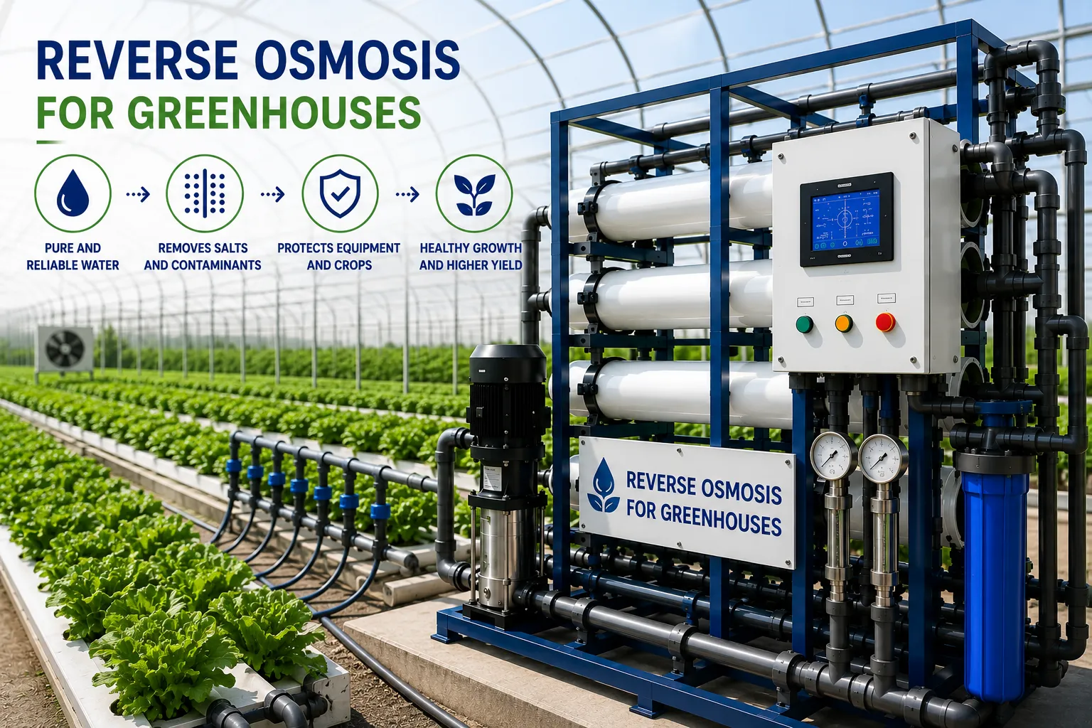 Reverse osmosis system for greenhouses producing high-purity water for healthy crops, equipment protection