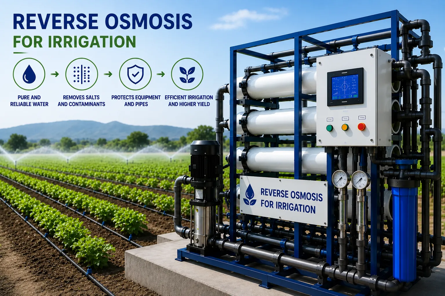 Industrial reverse osmosis system for irrigation delivering high-purity water to improve crop yield, protect irrigation equip