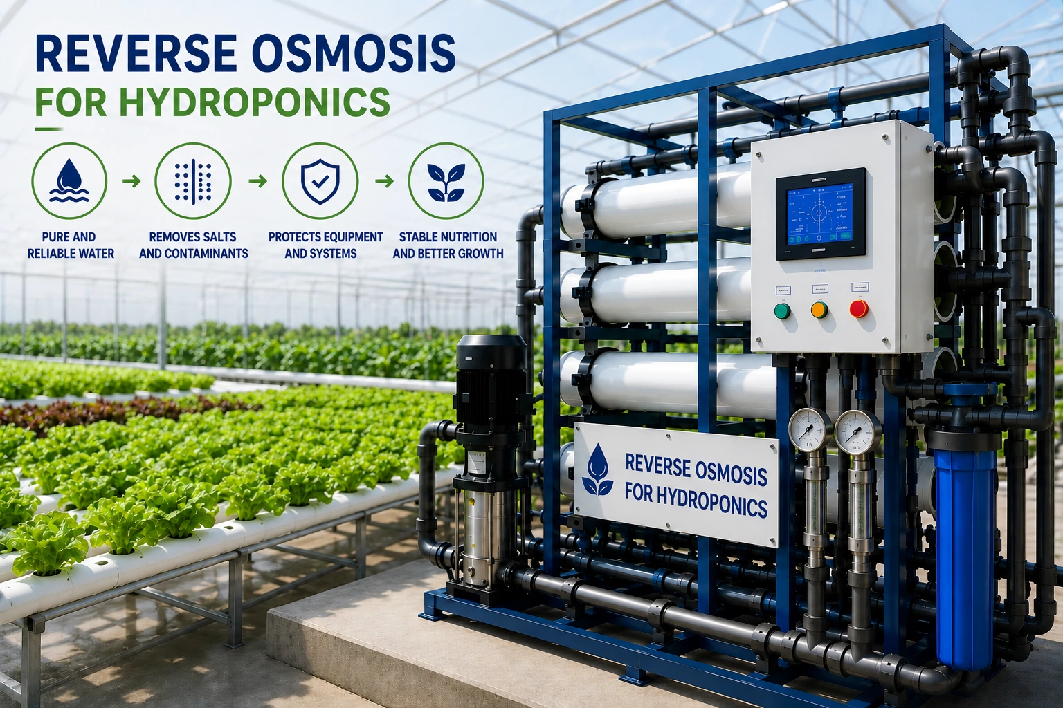 Industrial reverse osmosis system for hydroponics producing high-purity water for stable nutrient management and healthy crop