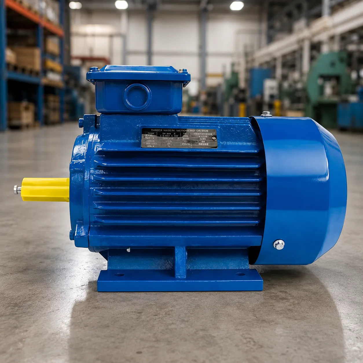 Motor industrial azul en taller