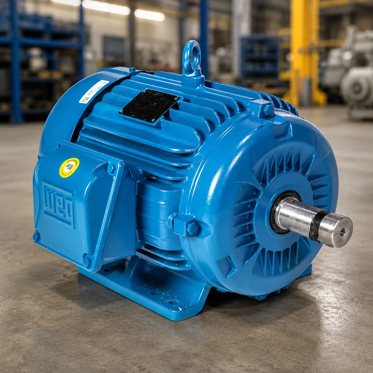 Motor eléctrico industrial azul brillante