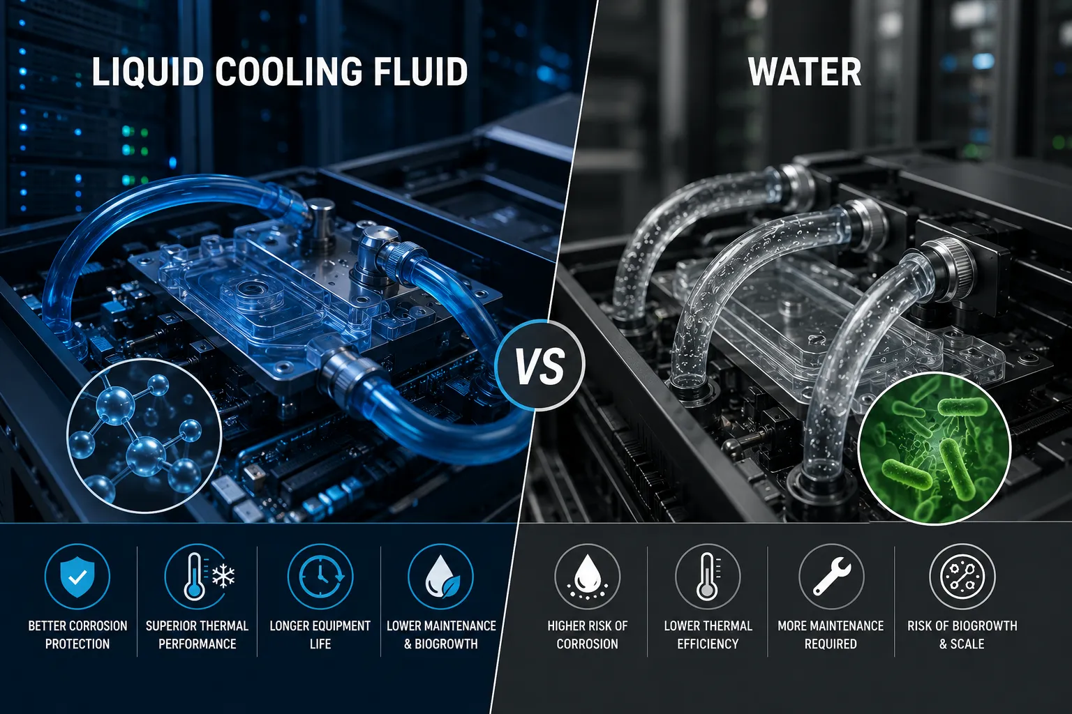 Liquid cooling fluid vs water for thermal management in data centers and high-performance cooling systems.
