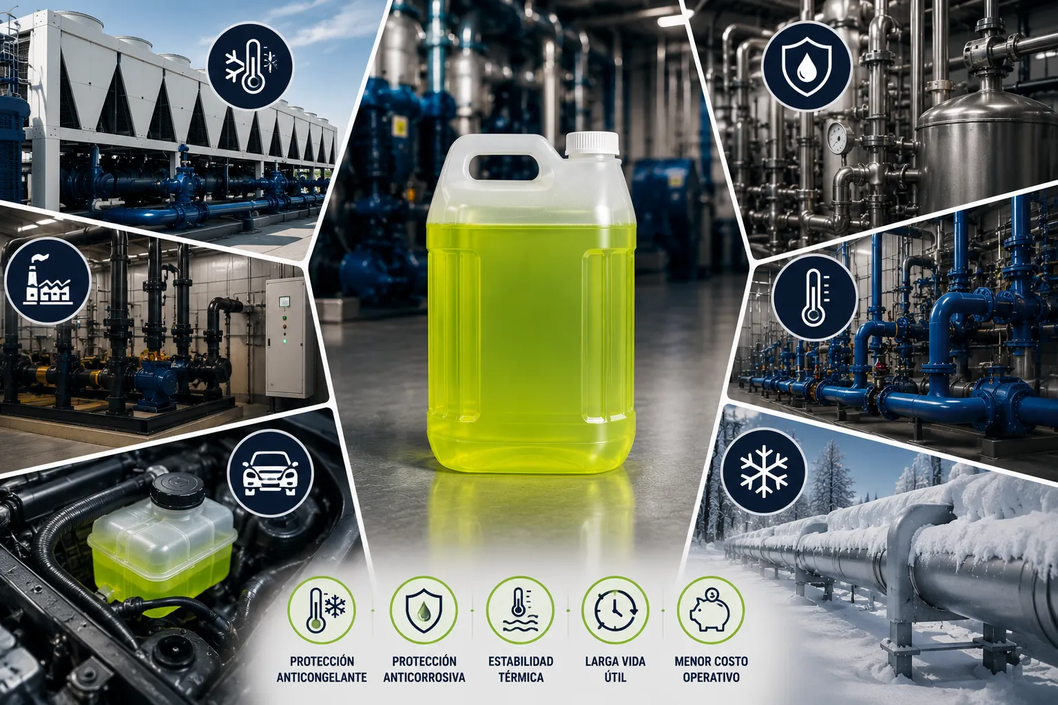 Etilenglicol industrial para sistemas de enfriamiento, refrigeración y circuitos cerrados con protección anticongelante.