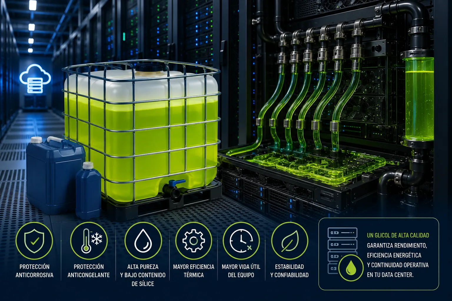 Glicol de alta pureza para refrigeración líquida y control térmico eficiente en data centers.