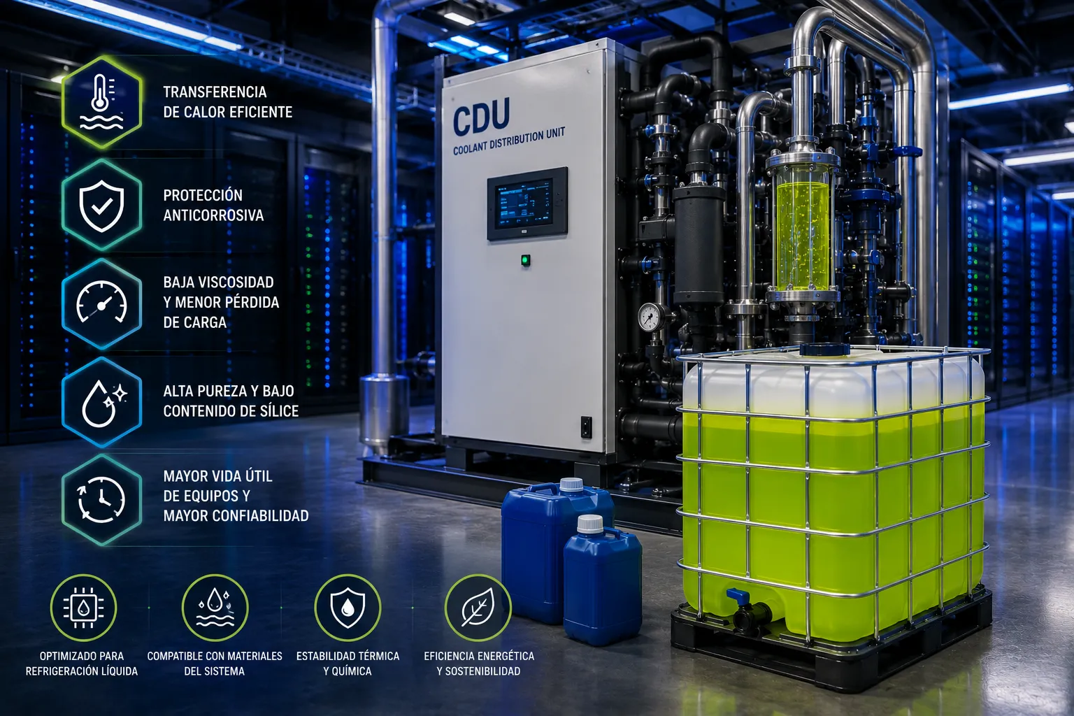 Fluido refrigerante de alta pureza para CDU y sistemas de refrigeración líquida en data centers.