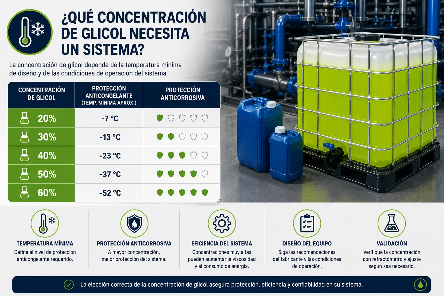 Concentración de glicol recomendada según la temperatura mínima y las condiciones de operación del sistema de enfriamiento.