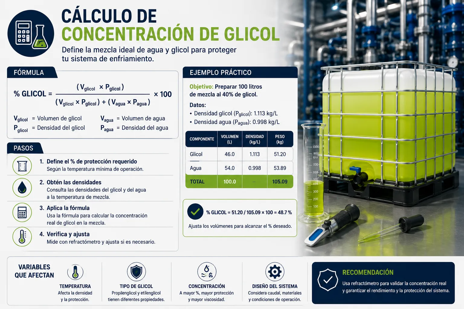 Cálculo de concentración de glicol para definir la mezcla adecuada de agua y glicol en sistemas de enfriamiento.