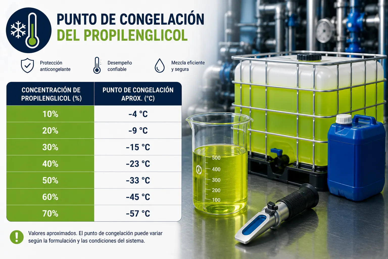 Punto de congelación del propilenglicol según su concentración para sistemas de enfriamiento industrial.