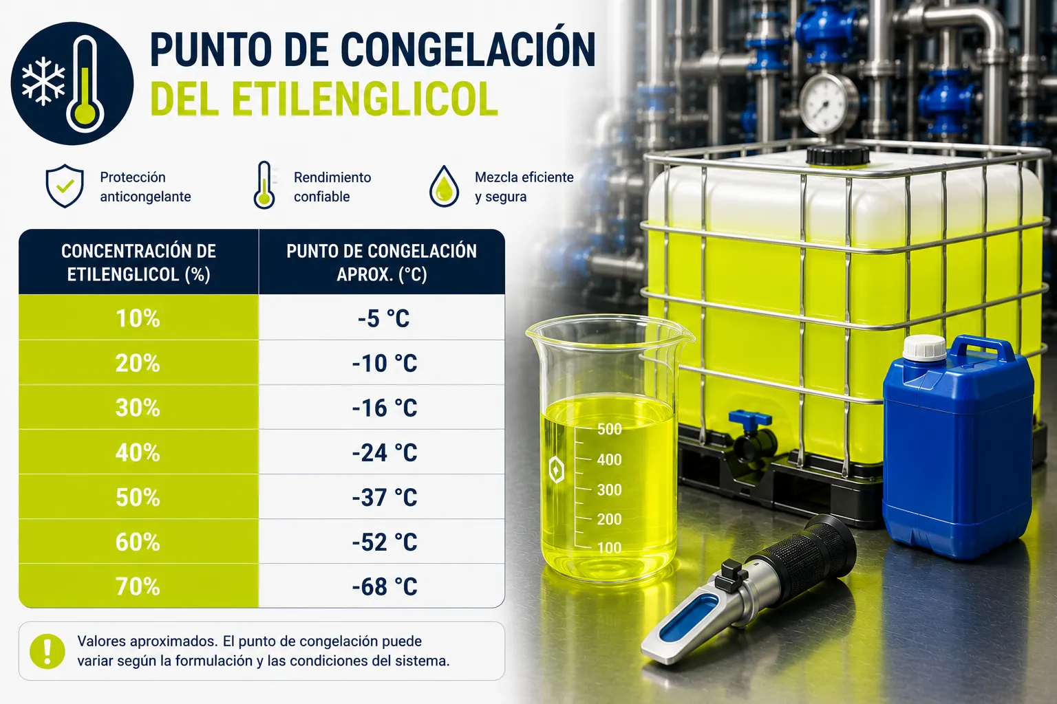 Punto de congelación del etilenglicol según su concentración para sistemas de enfriamiento industrial.