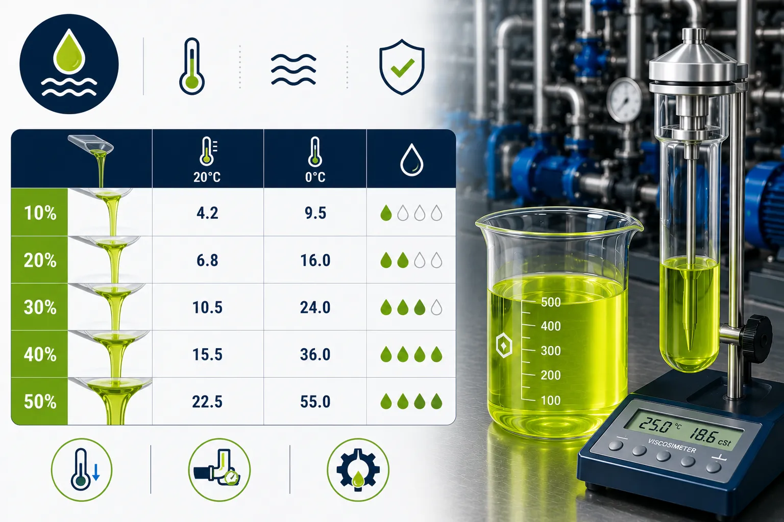 Viscosidad del glicol según concentración y temperatura en sistemas térmicos industriales.