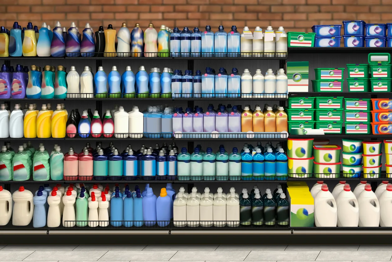Productos de limpieza en estante En el primer plano del supermercado