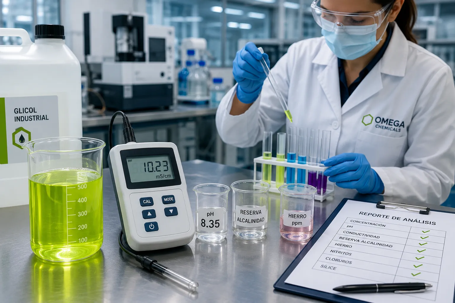 Análisis de laboratorio para evaluar la calidad, concentración y condición del glicol industrial.