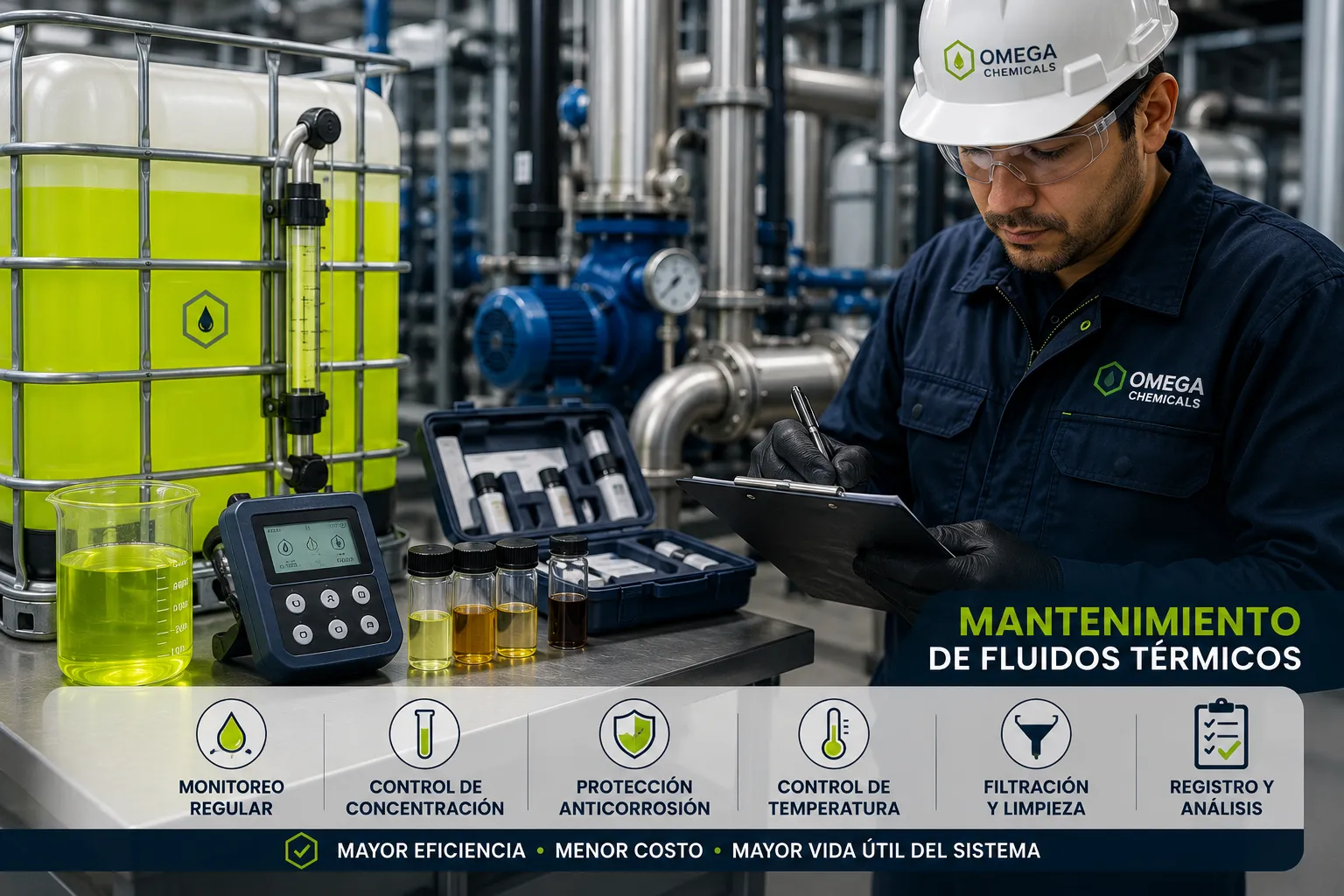 Mantenimiento de fluidos térmicos para conservar la eficiencia y protección de sistemas industriales.