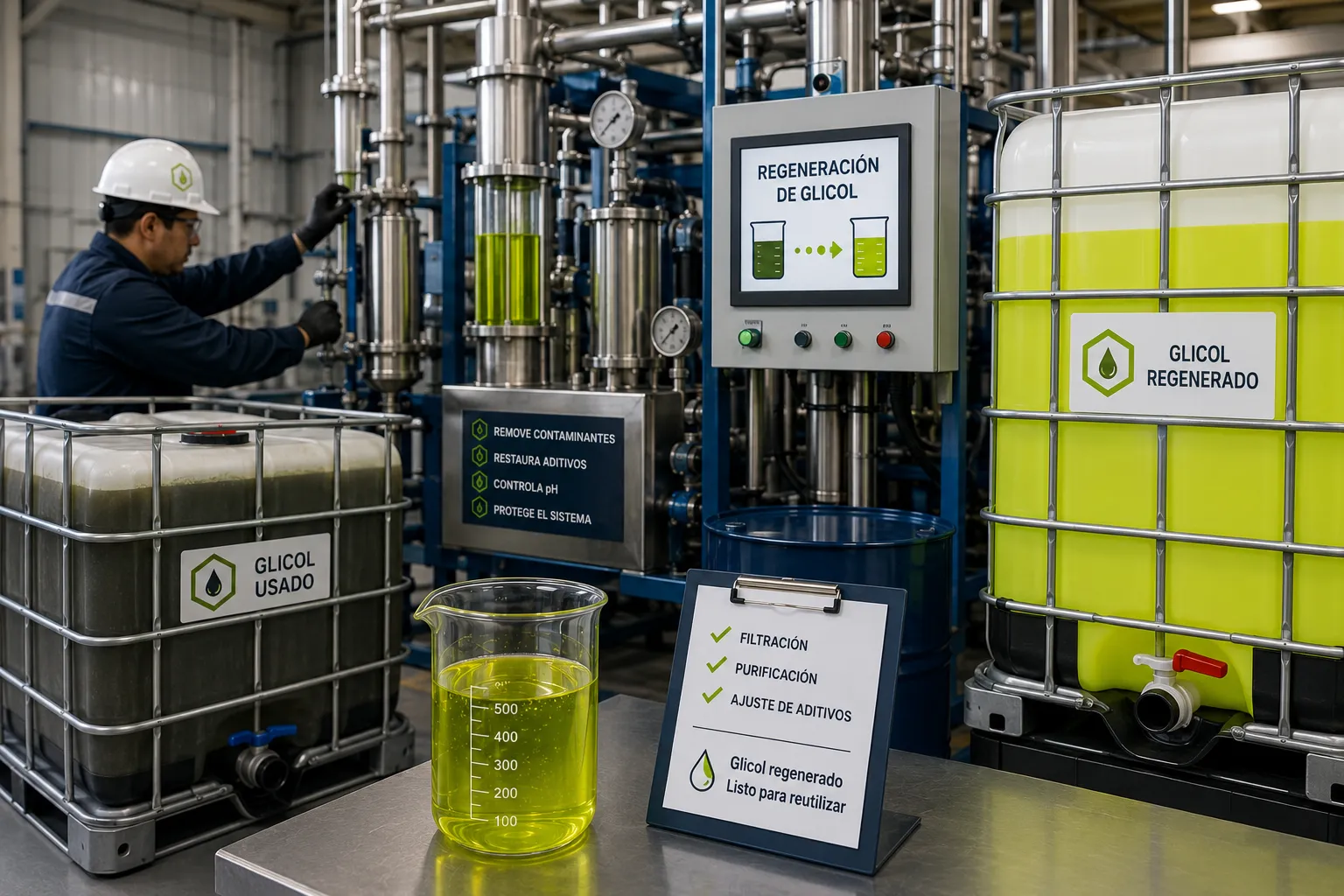 Regeneración de glicol industrial para recuperar la calidad y prolongar la vida útil del fluido térmico.