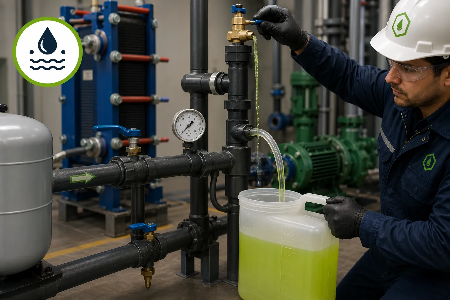 Purga de un circuito de glicol para eliminar aire y mantener el flujo eficiente del sistema de enfriamiento.