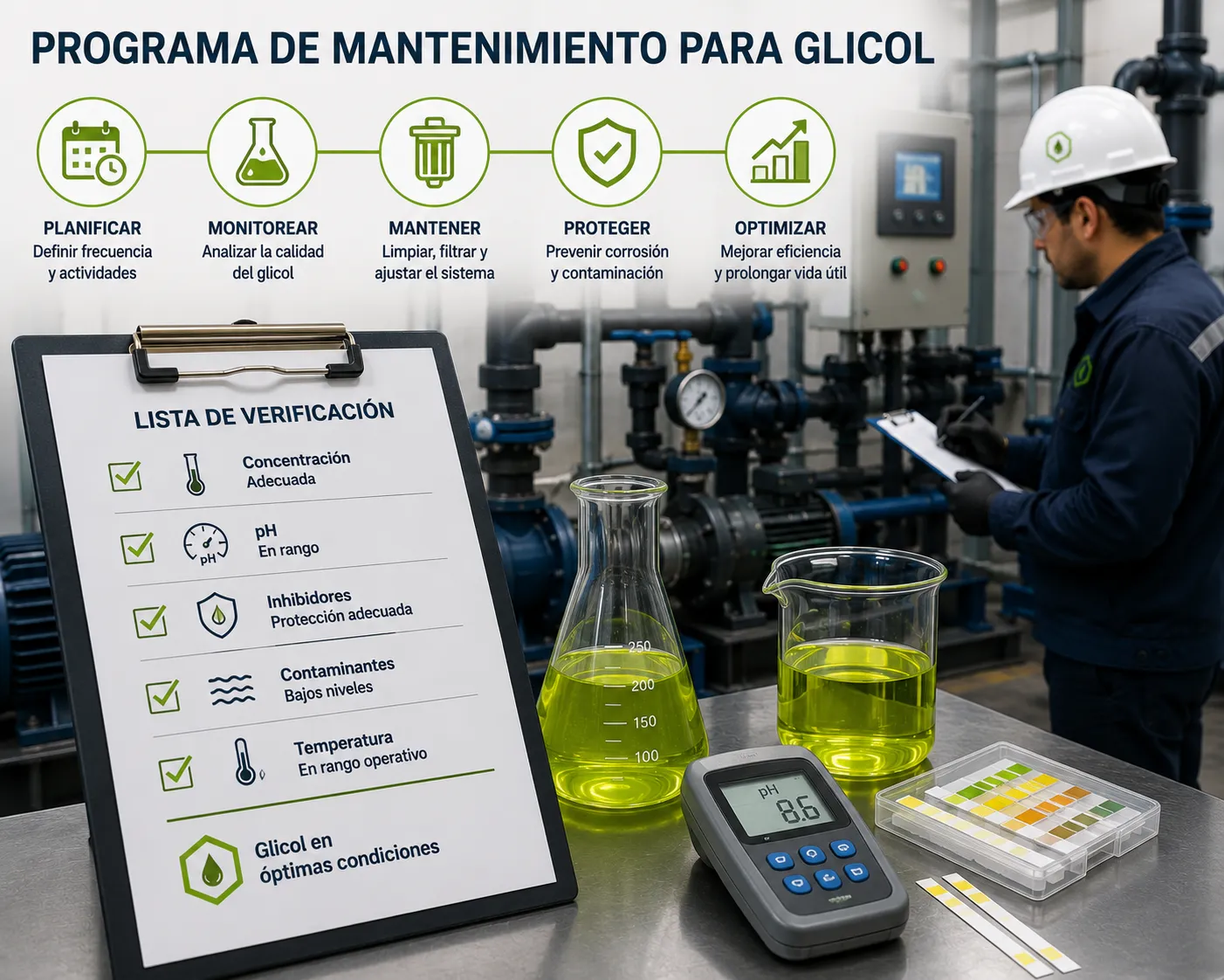 Programa de mantenimiento para glicol orientado al control de calidad y eficiencia de sistemas térmicos industriales.