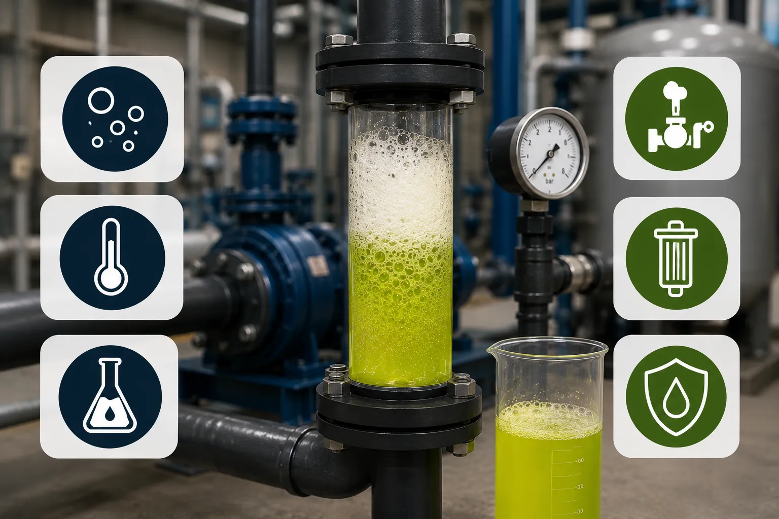 Espuma en el glicol industrial causada por aire, temperatura o contaminación en sistemas de enfriamiento.
