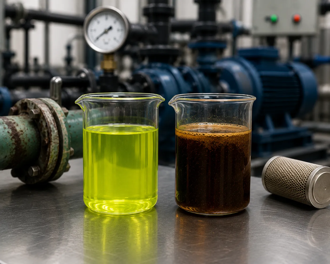 Glicol oxidado con cambio de color y pérdida de propiedades que aumenta el riesgo de corrosión y daños en el sistema.
